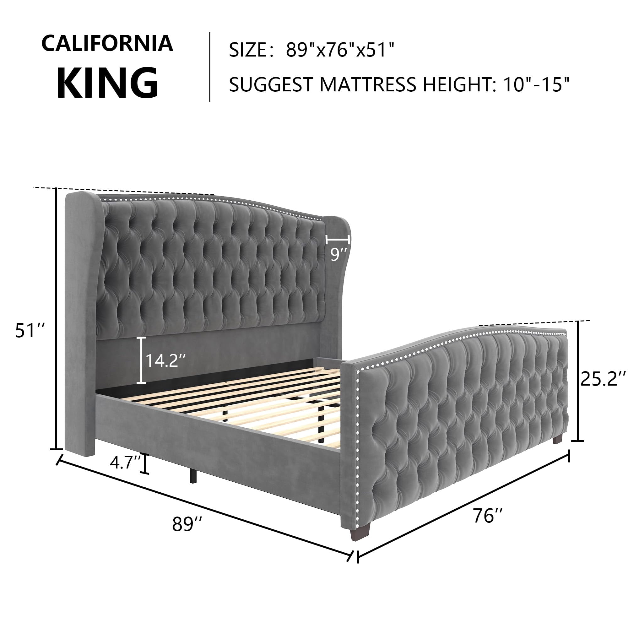 VanAcc California King Size Platform Bed Frame, Velvet Upholstered Bed with Deep Button Tufted & Nailhead Trim Wingback Headboard, Grey
