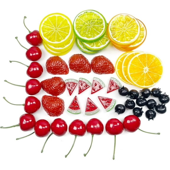 48Pcs Artificial Fake Fruit Slices, Fake Lemon Lime Slices Fake Cherries Strawberries Blueberries Artificial Orange Watermelon Slices Decor Party, Lifelike Fruit for Decoration Kitchen Cake Dessert