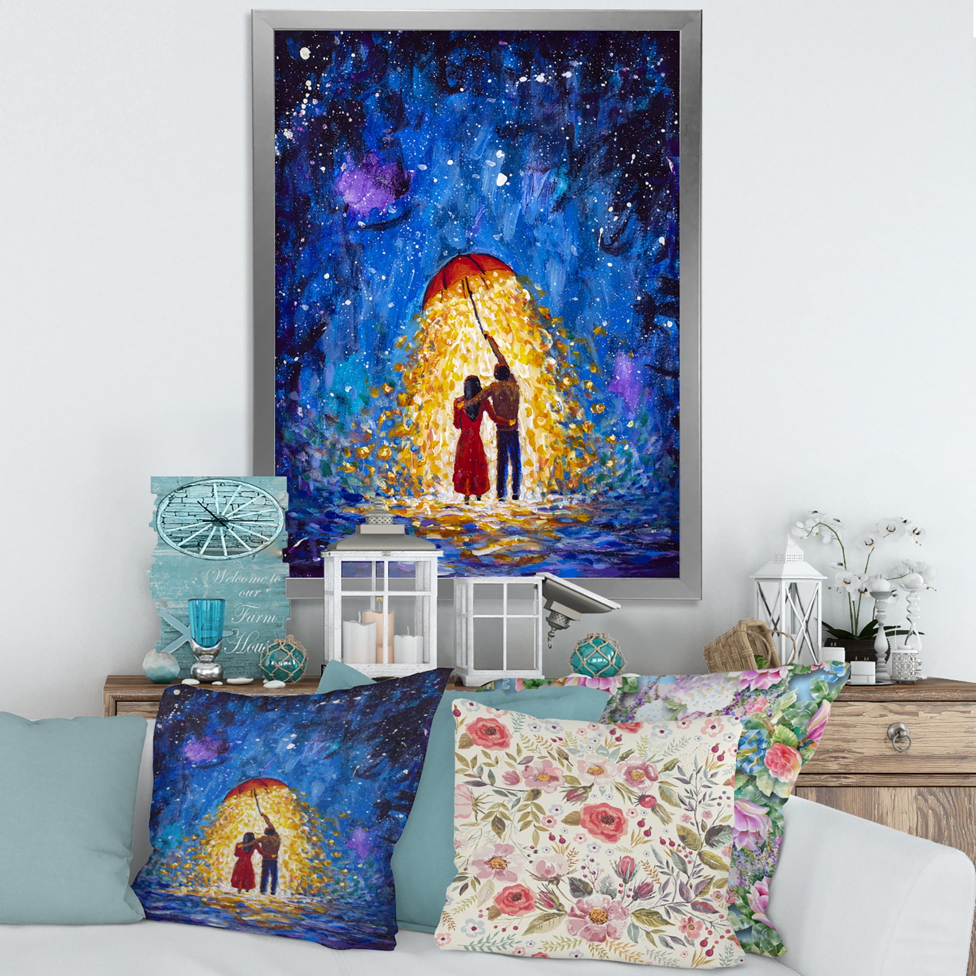 Designart 'Abstract Couple In Love Walks Under Glowing Umbrella' French Country Framed Art Print