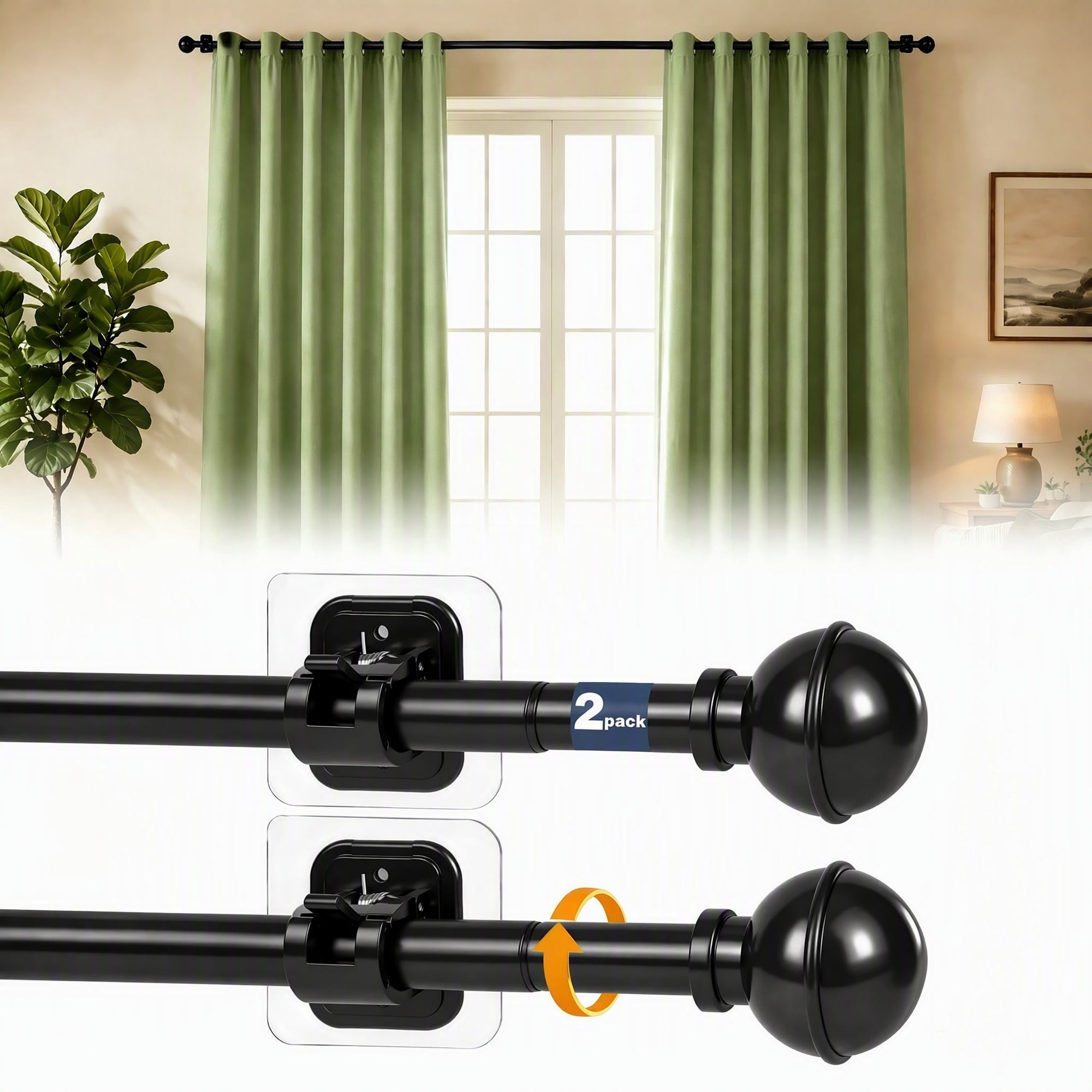 Curtain Rod No Drilling for Windows 27 to 84",Renter Friendly No Drill Adjustable Rod, 5/8 Inch Diameter Easy Install Non Screw Screwless Apartment Rods with Stick on Bracket Holder 2-Pack