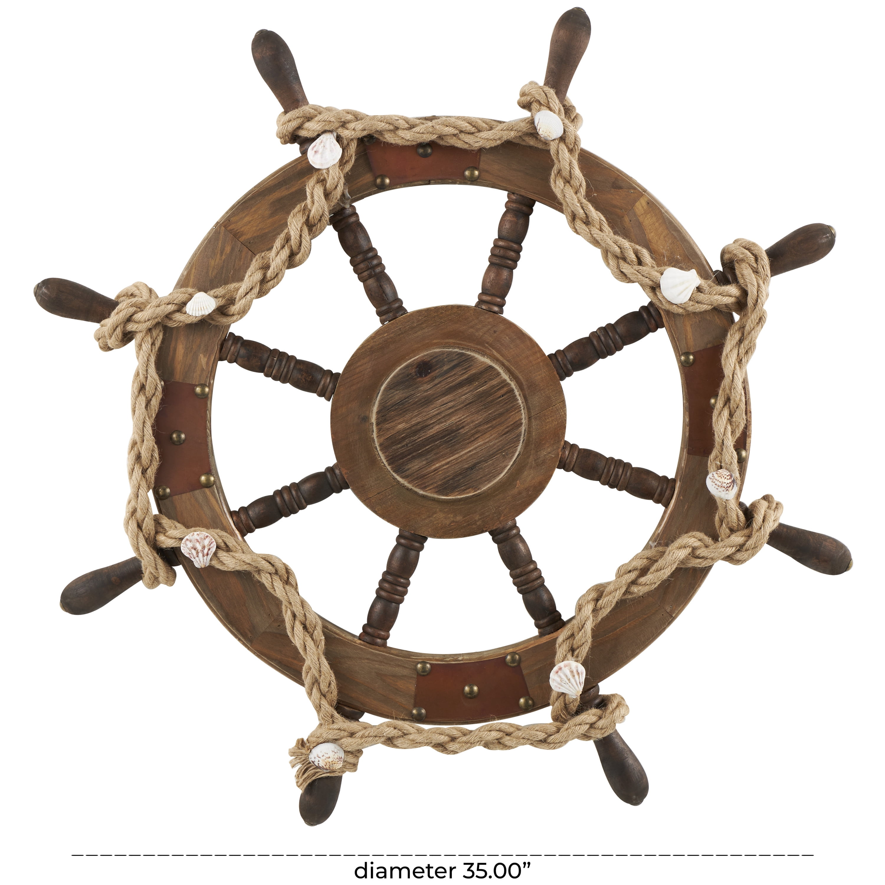 DecMode Brown Wood Handmade Ship Wheel Wall Decor with Rope and Shell Accents
