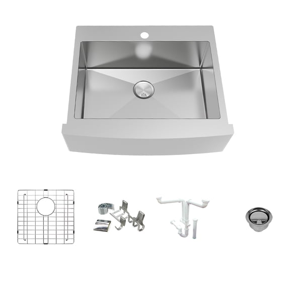 Transolid KKM-DTSSF302510 Diamond 29.8-in L x 25-in W Super Single Bowl Farmhouse Apron Front Kitchen Sink and Accessories Kit with 1 Pre-Drilled Hole in Stainless Steel