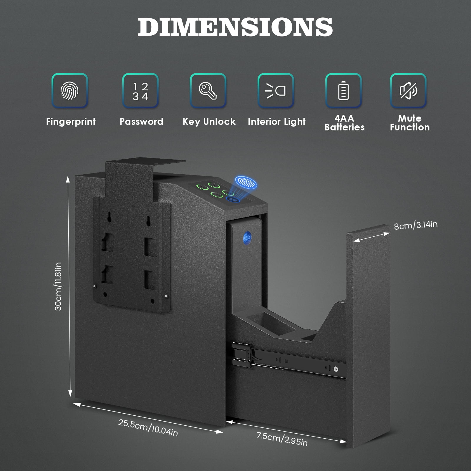 Kavey Biometric Slider Handgun Gun Safe for Nightstand, Desk, Bed Side,Truck - Auto Sliding Door Hand Gun Safe for Pistol -with Fingerprint, PIN Code, KEY Access