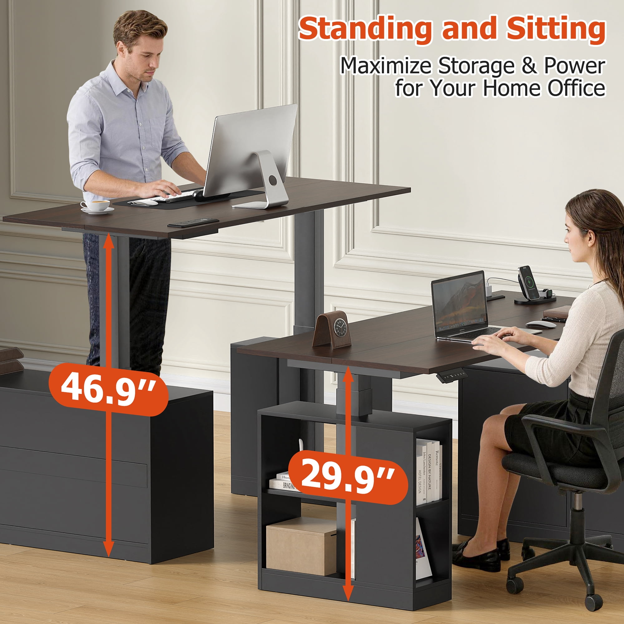 Frmobepts L-Shaped Executive Standing Desk with File Cabinet, 55" x 23.6" Electric Height Adjustable Stand up Desk, One-Whole Piece Desktop, Home Office Modern Computer Desk with 3 Memory Presets