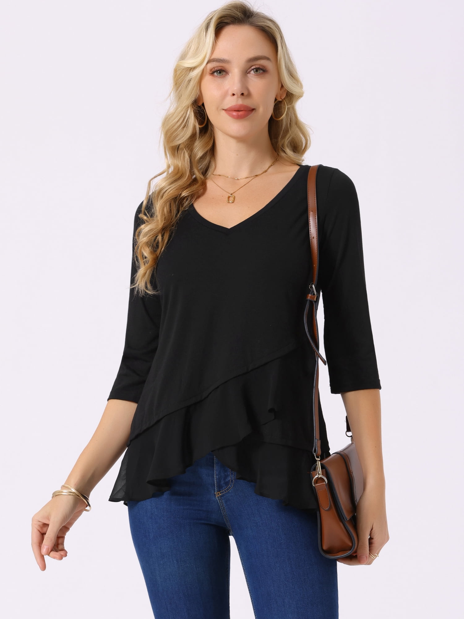 DARING DIVA Women's Casual 3/4 Sleeve Ruffle Asymmetrical Hem Blouse M Black