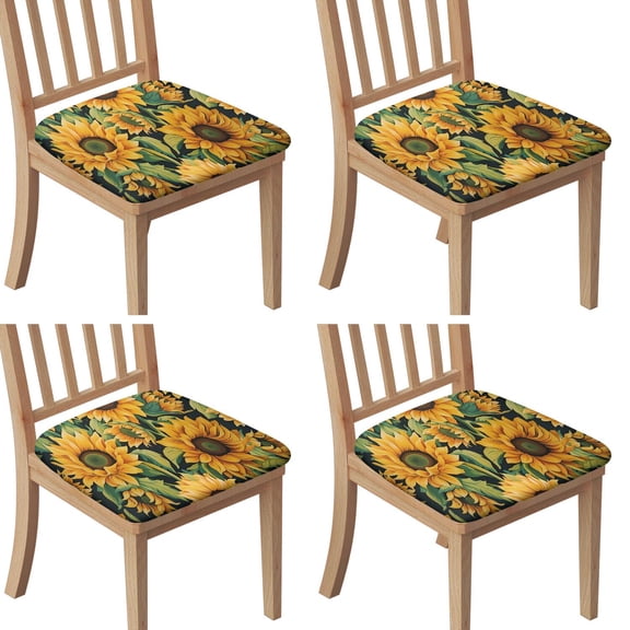 Dark Green Sunflower Pattern Seat Covers for Dining Room Chairs Set Of 4,Stretch Printed Washable Chair Seat Cover with Elastic Ties and Button,Removable Waterproof Couch Cushion Covers