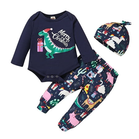 

Baby Summer Dress Suit Baby Boys Girls Christmas Xmas Dinosaur Letter Printed Romper Bodysuit+Pants Hat Outfits Baby Cute Clothing