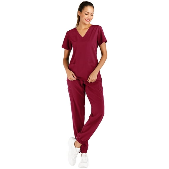 Minty Mint, Women's, Solid Stretch Medical Uniform Scrub Set V Neck Top Cargo Tapered Jogger Pants, Berry, S