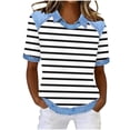 thumbnail image 2 of Xdegoge Collared T Shirt for Women Collared V Neck Short Sleeve Casual Vintage Everyday Wear Going Out Standard Fit Horizontal Striped Print Denim Patchwork Soft Breathable Summer Tops, 2 of 5