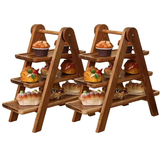 Wood 3 Tier Serving Tray Three Tiered Cupcake Stand, Rectangle Serving Platter Wooden Farmhouse, Party Serving Brown Decorative Tray Decor (2PCS)