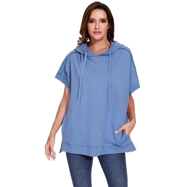 Sweat à Capuche Oversize à Manches Courtes pour Femmes avec Fentes Latérales