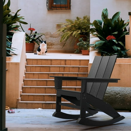 RESINTEAK Modern Adirondack Rocking Chair, All Weather Resistant, Ergonomic Design and Comfort, Big and Tall Porch Rockers for Backyards, Fireplace (Black)