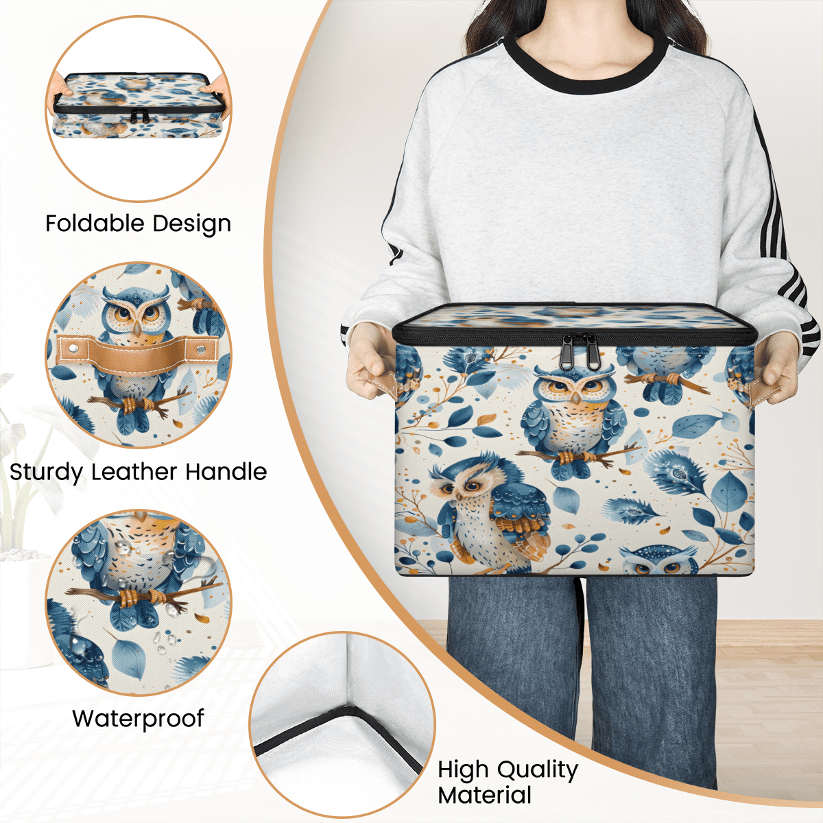 ADECORIVY Cute Owl Storage Bin with Lid Fabric Leaves Blue Foldable Storage Baskets Boxes for Clothes Shelves Closet Organizer Containers with Leather Handles for Wardrobe