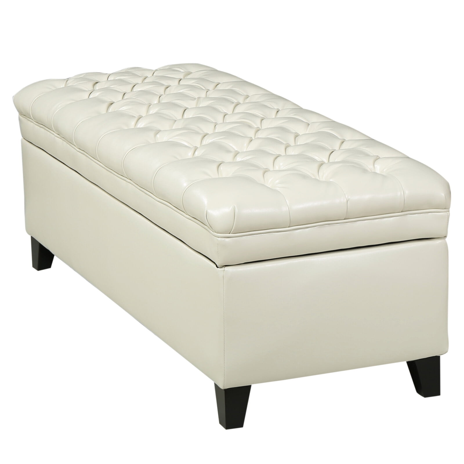 50" Storage Ottoman, Storage Ottoman Bench with Wooden Legs and Safety Hinge, Tufted Entryway Bedroom Bench, Holds up to 330 lb, for Living Room, Bedroom, Ivory