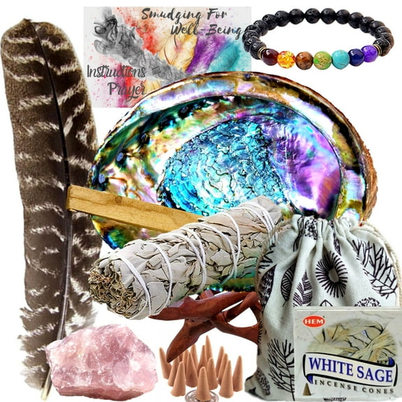 Smudge Kit Spiritual Set, Large Abalone Shell, Complete Sage Smudge Stick Kit, Palo Santo, White Sage Incense for Cleansing, Chakra Kit Bracelet, Positive Vibes Smudging Kit