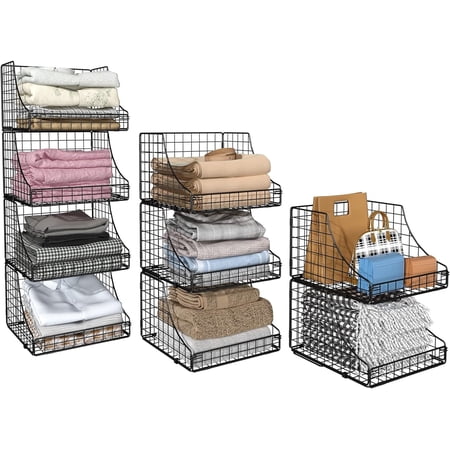 4 Pack Stackable Wire Baskets for Closet Organizers and Storage, x-Cosrack Open Storage Bins for Clothes, Toys, and Snacks, Rustic Metal Closet Storage and Organizer Shelves