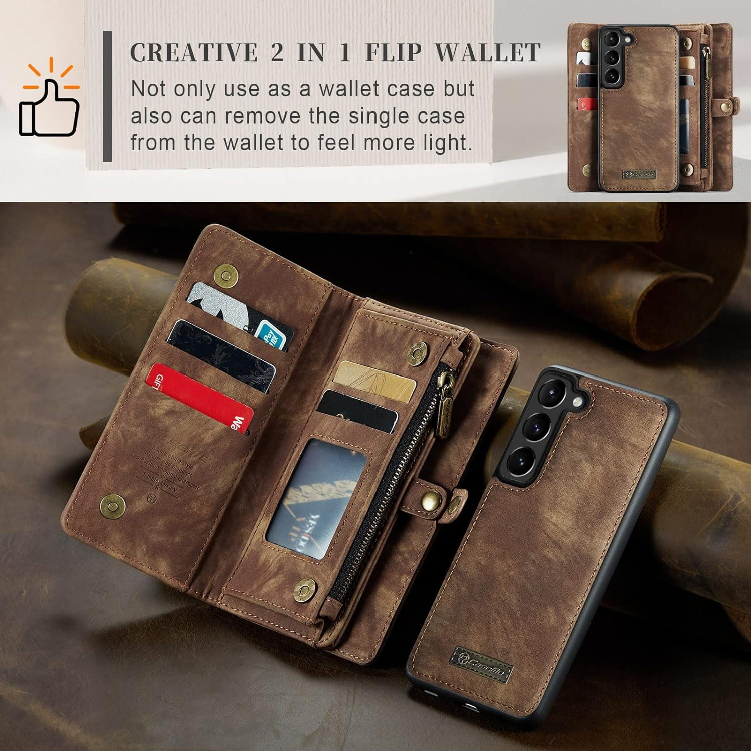 2 in 1 Detachable for Samsung Galaxy S23+ / S23 Plus Wallet Case with Card Holder, Retro Premium Flip Leather Cover  Zipper Pocket Phone Cases 6.6'' (Coffee,S23+/S23 Plus)