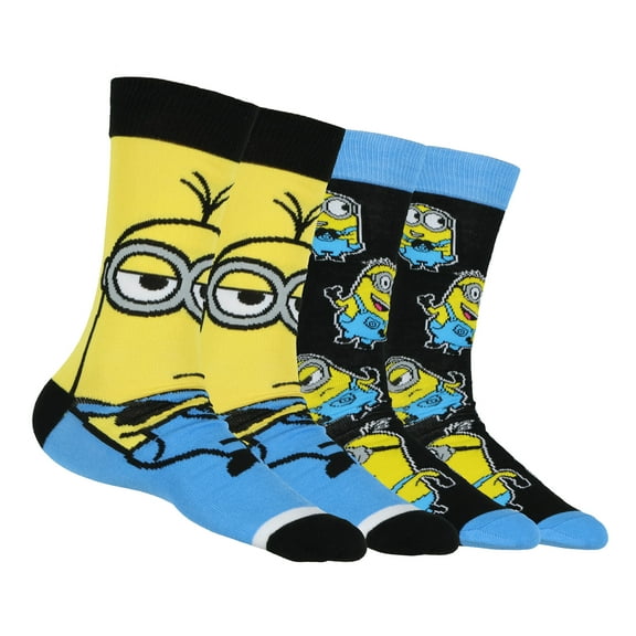 Minions Socks Men's 2-Pack Kevin and Phil Allover Designs Adult Mid-Calf Crew Socks