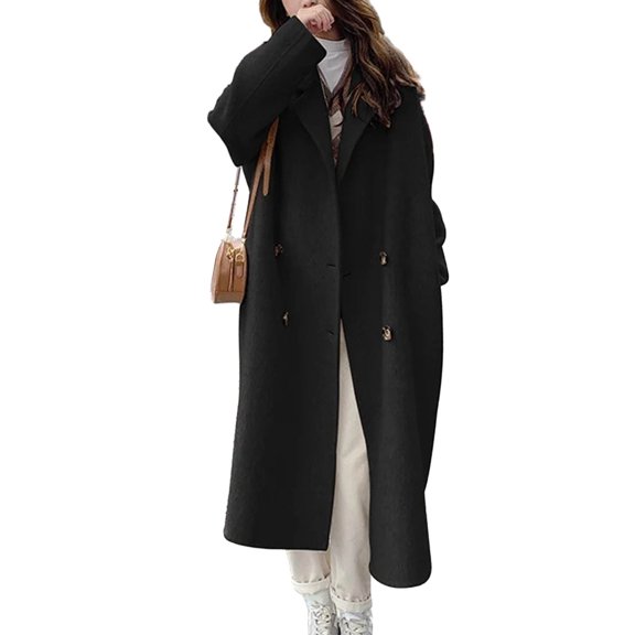 comerut Women's Coat Double-Breasted Lapel Stylish Warm Mid-Length Double Pockets Winter Coat Lady Accessories