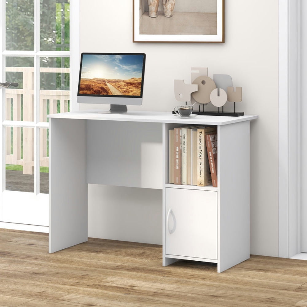 Demi Bonn Modern Computer Desk with Cabinet, Small Home Office Desk Study Writing Table, White