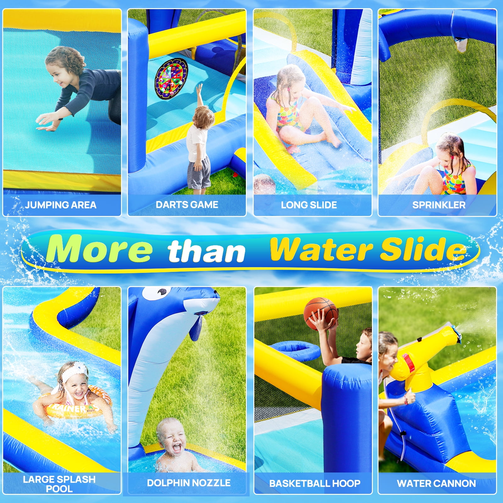 YIYADO Inflatable Bounce House Water Slide, Indoor and Outdoor Bounce House for Kids, Dolphin Sprinkler and Target Game and Water Gun and Basketball, Blue