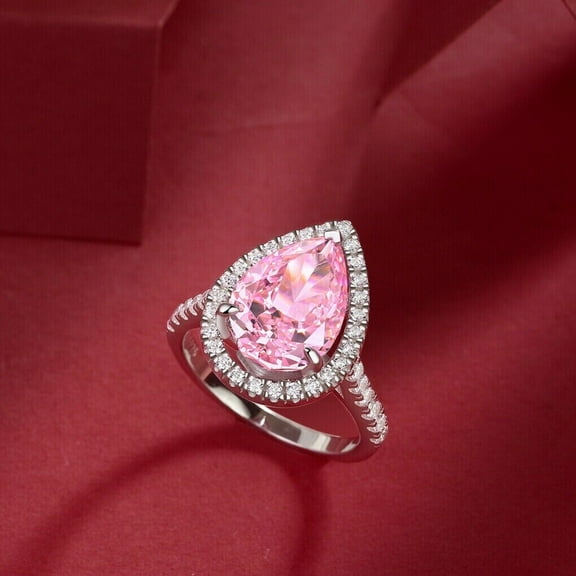 Mahablijewels Pear Cut Pink Cubic Zirconia Pretty Engagement Womens Ring 14K White Gold Plated