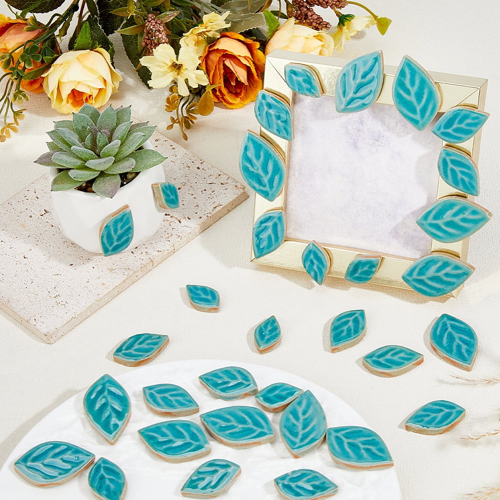 500G Mosaic Tiles Ceramics Cabochons for Home Decoration or DIY Crafts Leaf Cadet Blue 40x24x5.5mm