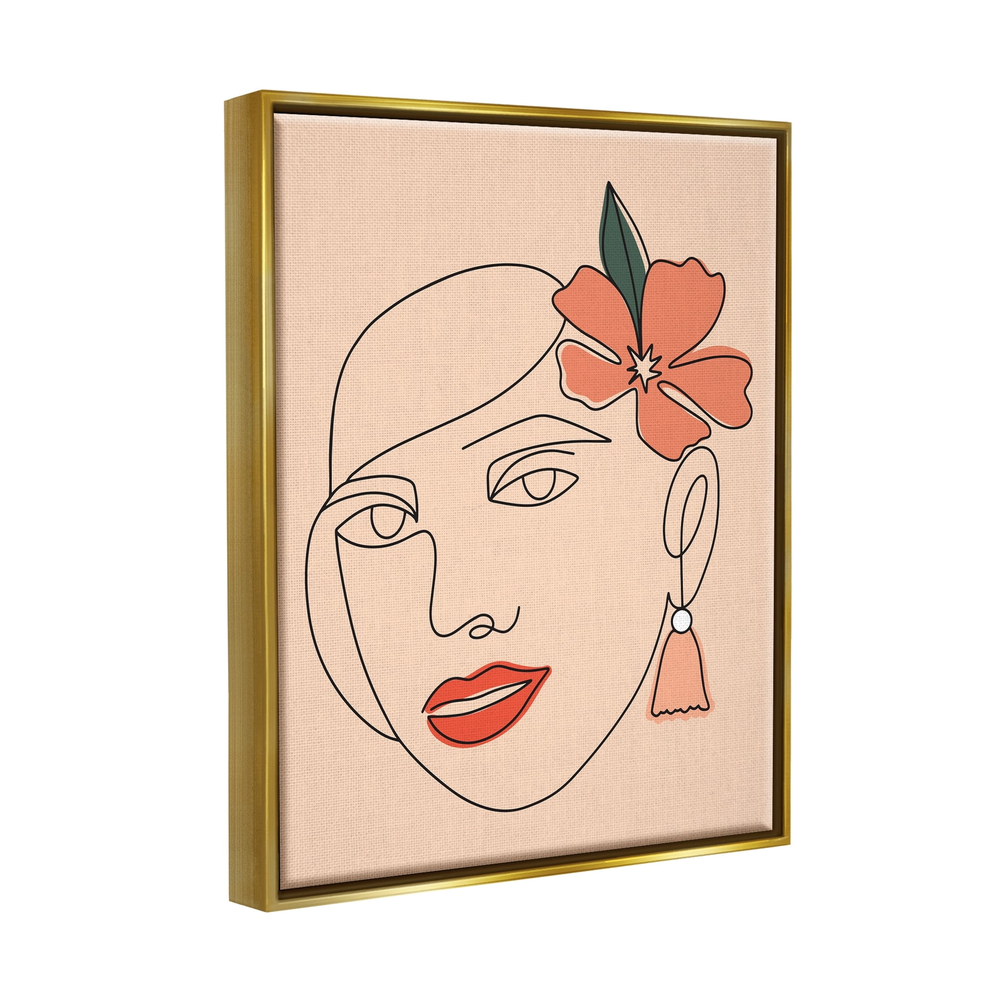 Stupell Industries Abstract Line Doodle Woman Lipstick Flower Blossom Graphic Art Metallic Gold Floating Framed Canvas Print Wall Art, Design by Hey Bre! Creative Studio