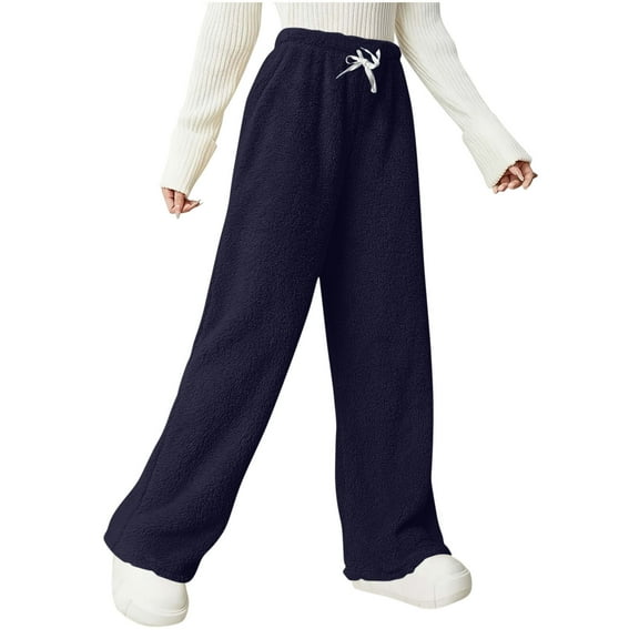 Posijego Fleece Sleep Pants for Women Drawstring Elastic Waist Wide Leg Fuzzy Pants Warm Pj Bottoms Lounge Pants