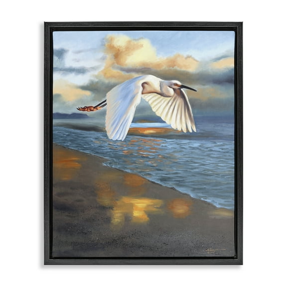 Stupell Industries Egret Wingspan over Beach Landscape Painting Black Floater Framed Canvas Art Print Wall Art, 17 x 21