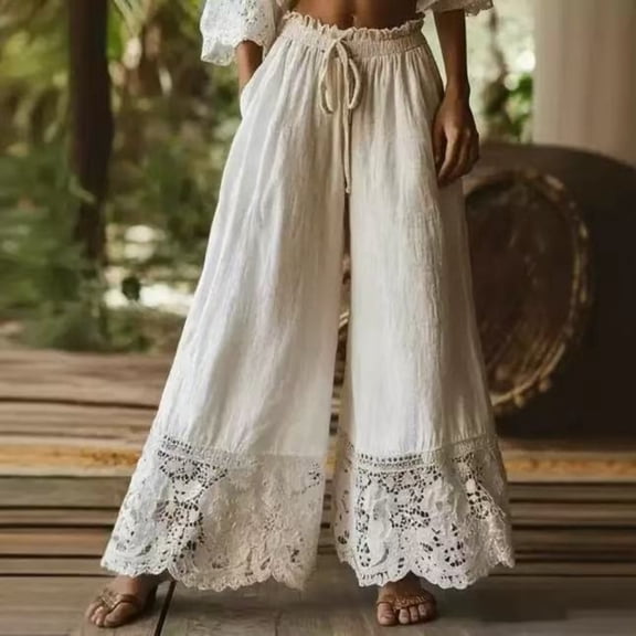 Womens Y2K Lace Trim Hem Long Bloomers Elastic Mid Rise Ruffle Pantaloons Cropped Flared Slips Pants White M