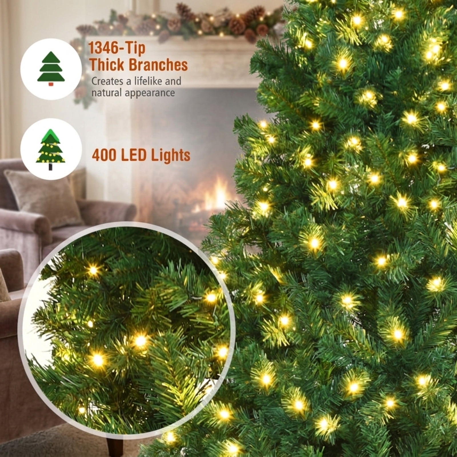 RUIE, 7.5 ft, Pre-Lit Artificial Christmas Tree, Tall Pre-Lit Christmas Tree, 1346 Branch Tips, Green, Hinged Branches for Christmas Party Living