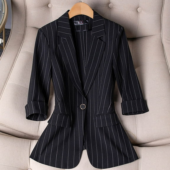 Cxenplz Women's 3/4 Sleeve Blazer Jacket Bussiness Casual Striped Suit Jacket Work Lightweight Blazers