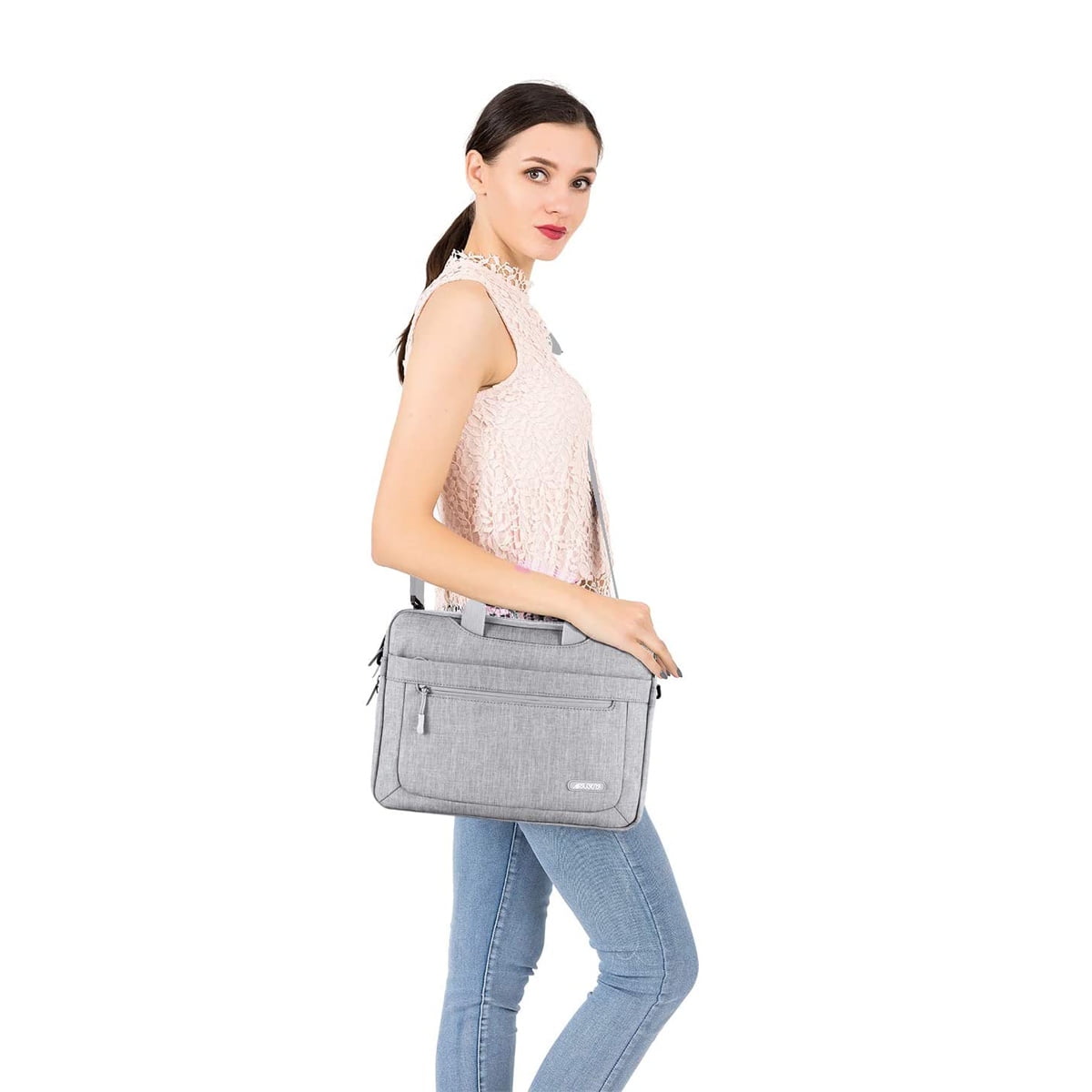 Mosiso 13-13.3 inch Polyester Laptop Shoulder Bag for MacBook Air Pro, 13.3" Notebook Messenger Bag Briefcase Computer Handbag for Dell HP Lenovo Asus Acer Surface, Light Gray