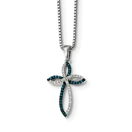 925 Sterling Silver (0.2cttw) Rhodium Plated Blue and White Diamond Cross Pendant (20mm x 14mm)