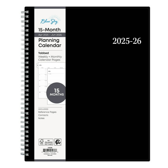 Blue Sky Monthly Weekly Large Planner, 8.5" x 11" Black 15-Month (April 2025 - June 2026)