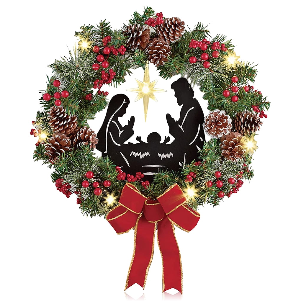 Details about   Christmas Wreath With Flocking LED Lights Christmas Front Door Hanging Garlands 