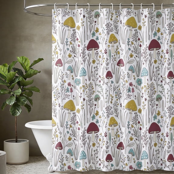 Annvchi Woodland Mushroom Shower Curtain, 72 x 72 Inch Botanical Forest Bathroom Curtain with Wildflower Pattern and 12 Hooks