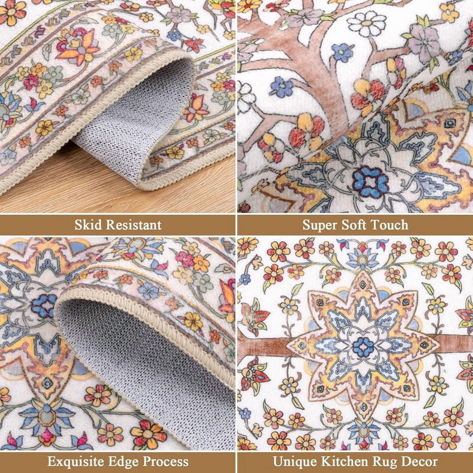 Findosom 3pcs Washable Kitchen Rug Set,Non-Slip Floral Boho Kitchen Mats Kitchen Runner Rug Floor Carpet for Hardwood Floor,Sink,Entryway,Bathroom,Home Decor,20"x32"+20"x48"+20"x59"