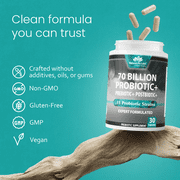 Probiotics 70 Billion CFU – 15 Probiotic strains + Organic Prebiotic+ Postbiotic 3-in-1 Complete – Promotes Healthy Digestive & Immune Function –Gas, Bloating, Constipation Support – for Men & Women