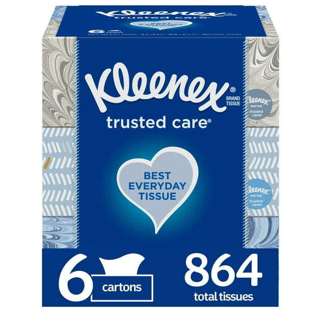 Kleenex Trusted Care Everyday Facial Tissues, 6 Flat Boxes (864 Total