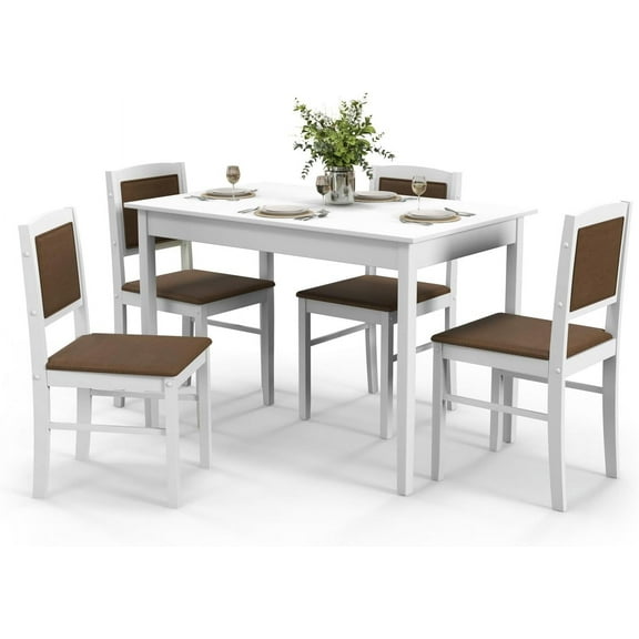 MAT EXPERT 5-Piece Dining Table Set for 4, Farmhouse Wooden Dinette Table Set w/Padded Seat & Backrest, Compact Rectangle Kitchen Table and Chairs for Restaurant, Apartment, Living Room (White)