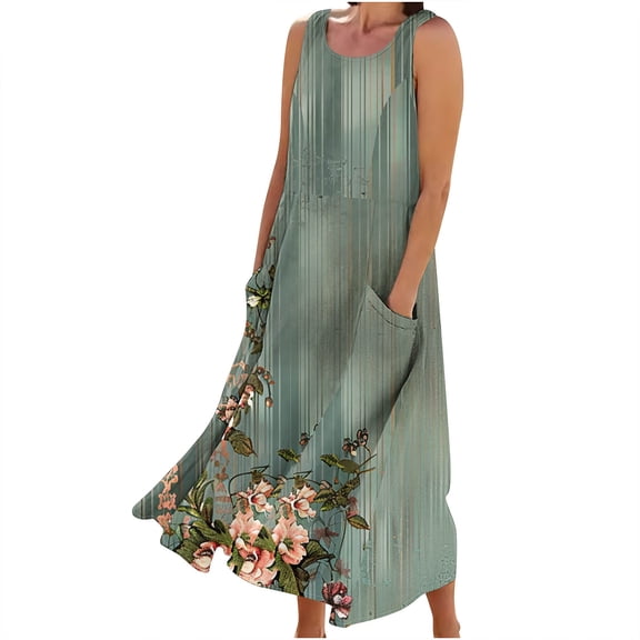 Women's Maxi Sundress Casual Floral Printed Crewneck Sleeveless Tank Dress with Pockets Bohemian Long Dresses