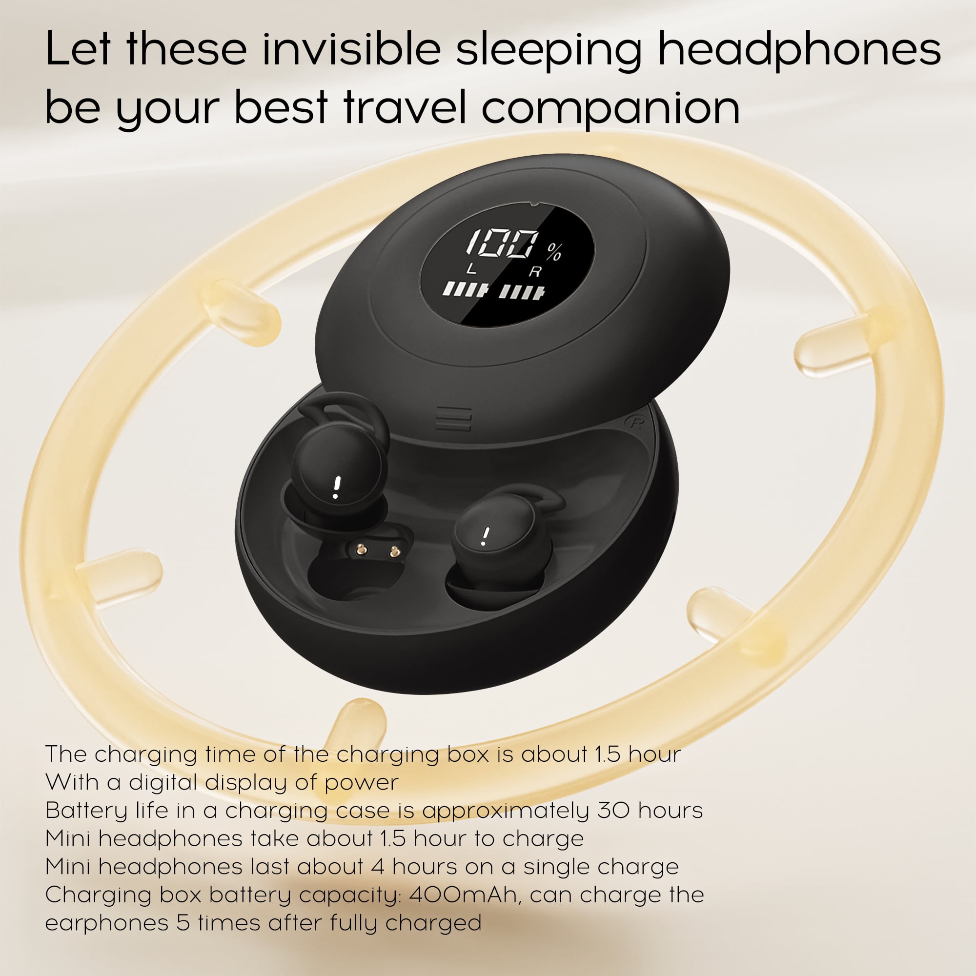 sunvito Sleep Earbuds, Mini Sleep Earbuds for Side Sleepers, 30H Playtime Wireless Headphones with LED Earphones for Small Ears Sleeping Working, Exercise,Hiking,Black