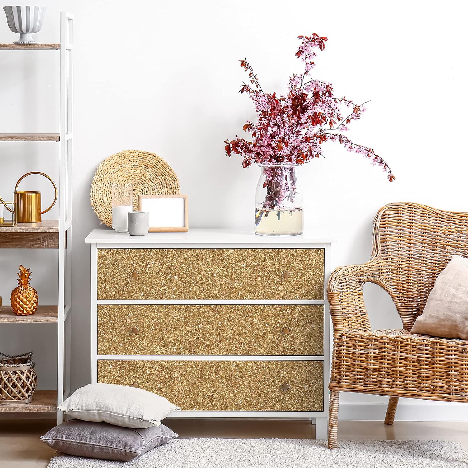 Champagne Gold Glitter Wallpaper Border Peel and Stick Wall Border Sparkle Glitter Contact Paper Gold Fabric Wallpaper Self Adhesive Removable Decorative Wall Border for Bedroom Decor 8"x354"