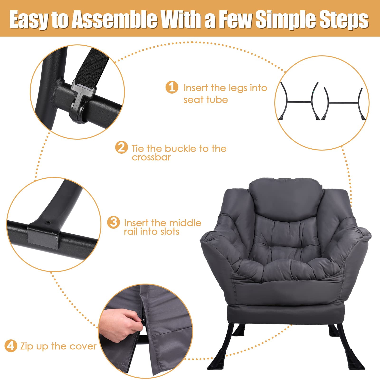 W WARMHOL Modern Velvet Lazy Chair with Side Pocket, Reclining Armchair, Steel Frame, Grey