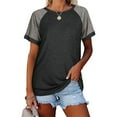 thumbnail image 1 of T-Shirt Femme à Blocs de Couleur Manches Courtes Col Rond Blouse Décontractée, Gris Foncé, S, 1 of 6