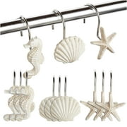 12-Pack of Beach-Themed Shower Curtain Stainless Steel Hooks, Decorative Seashell Coastal Shower Hooks for Bathroom Decor with Seahorses, Starfish, and Seashells