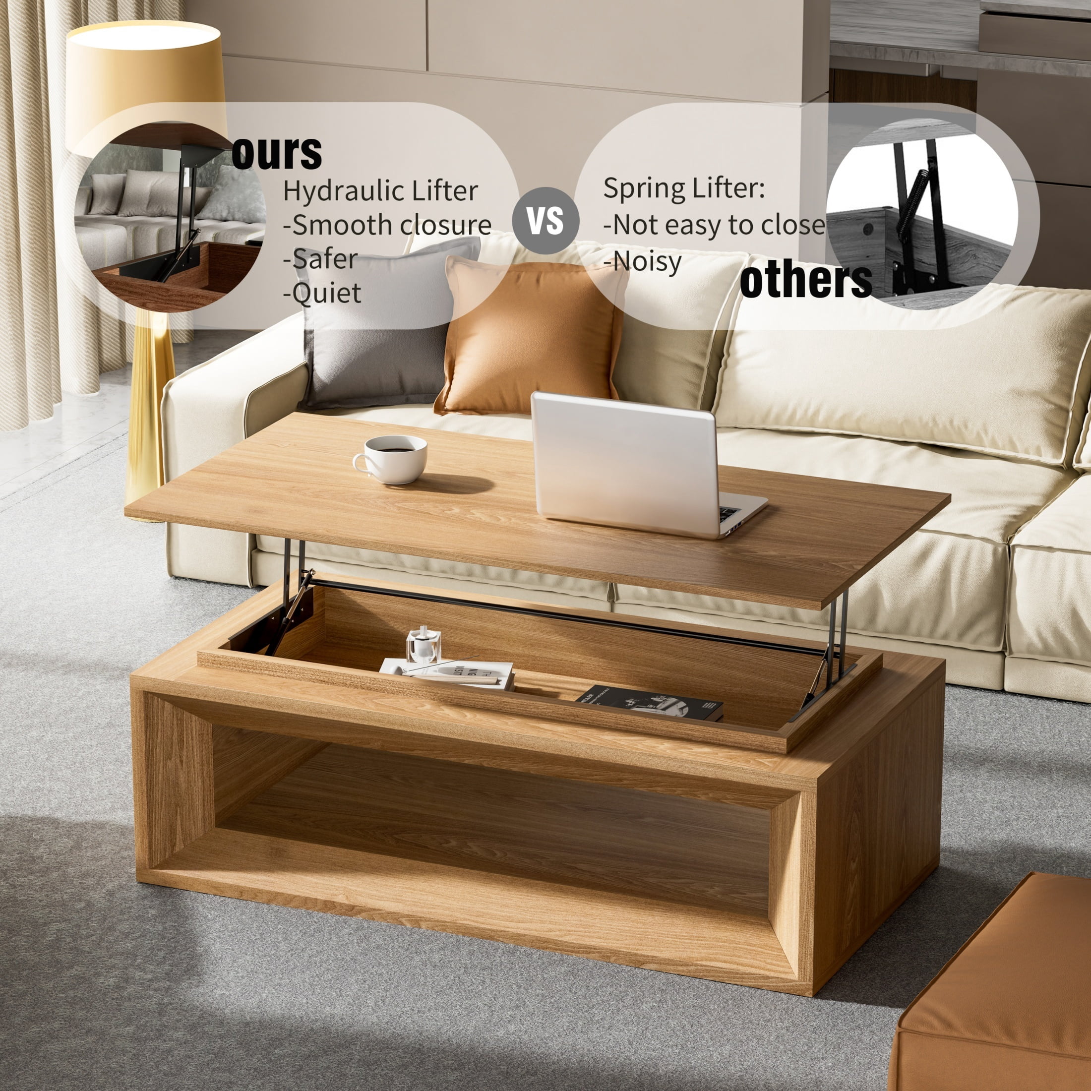 Lift-Top Adjustable Coffee Table with Hidden Storage, Solid Wood Veneered Modern End Table, Accent Cocktail Table