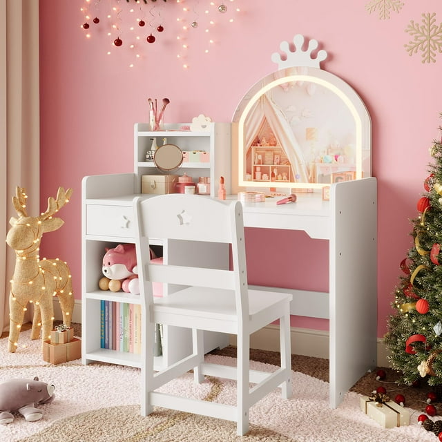 GloryStar Kids Vanity Table & Chair Set with Mirror and Lights,White Makeup Desk with Drawer & Shelves